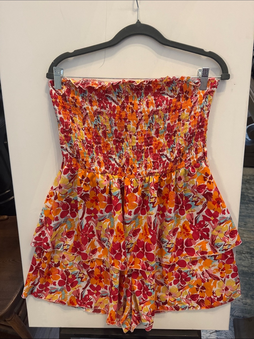 SHEIN Red & Orange Floral Smocked Tiered Romper